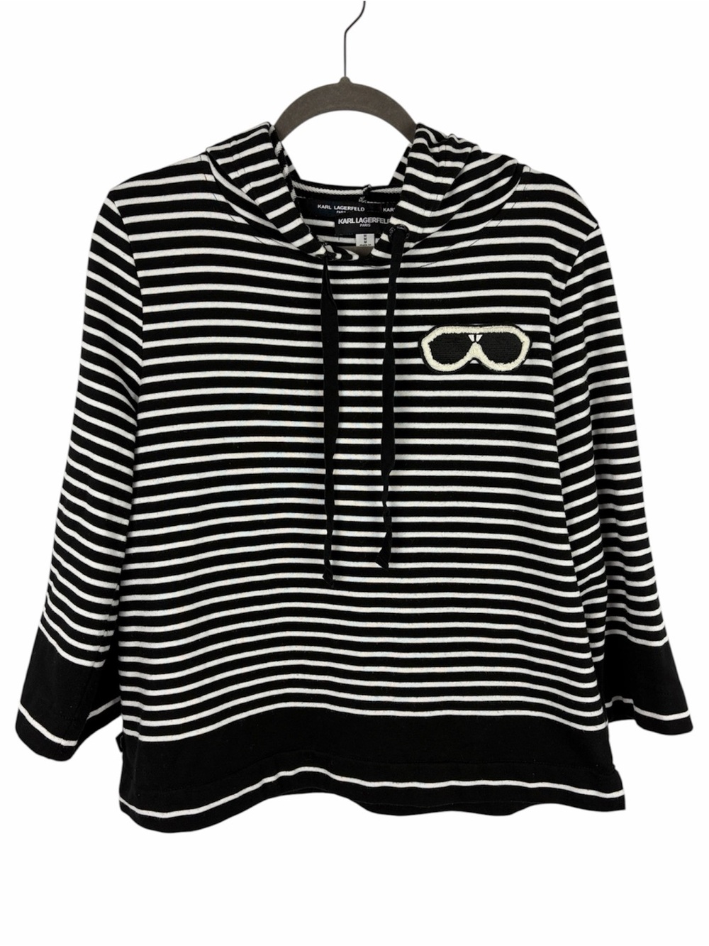 Karl Lagerfeld Paris Striped Hoodie Medium Black White Sunglasses Patch Pullover